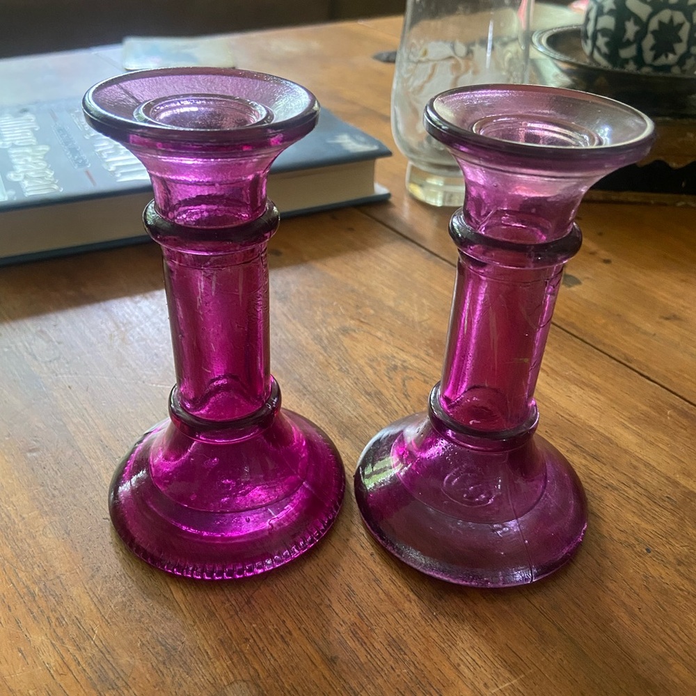 2 Vintage Anchor Hocking Purple Glass Candle Holders